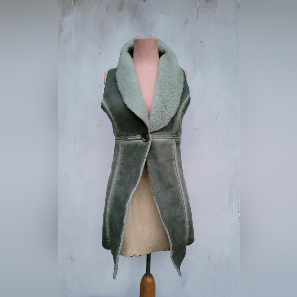 Sage Italian Leather Button Vest with Sheep Skin Lining